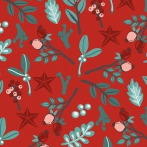 Christmas botanicals with pink rose hips on merry red Medium scale