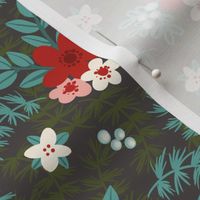 Christmas botanicals with red and pink blossoms on deep forest green Small scale