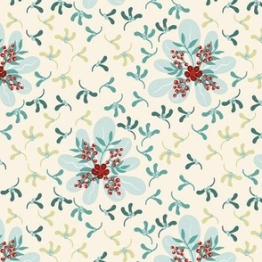 Christmas retro frosty florals with mistletoe on cream background Small scale