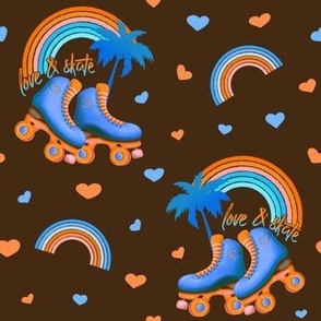 Love and skate retro, blue orange roller skates, rainbows and hearts on brown