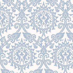 antiqued reconstructed art nouveau art deco floral and hares animals vintage damask  - white and baby blue 