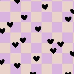 Nineties revival - valentine's day gingham and hearts retro style valentine design lilac sand black