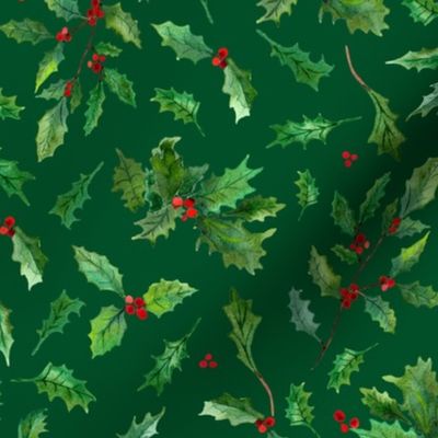 Watercolor Christmas  Holly on a green background