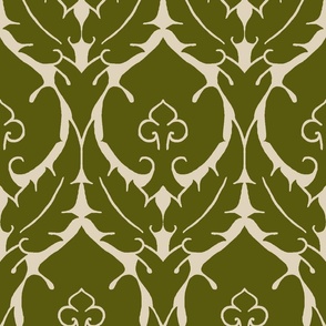 simple Renaissance damask, green on ecru
