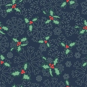 Holly and snowflakes on dark blue, medium 8 in