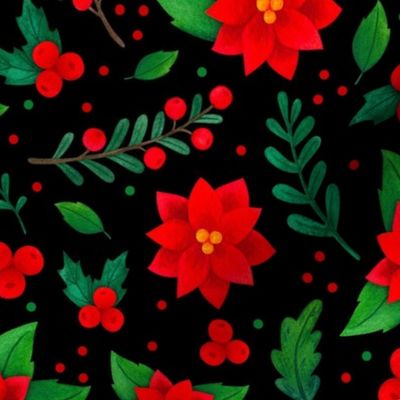 Large Scale Christmas Red and Green Poinsettia Flowers Holly Berries Mistletoe Floral on Black