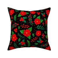 Large Scale Christmas Red and Green Poinsettia Flowers Holly Berries Mistletoe Floral on Black