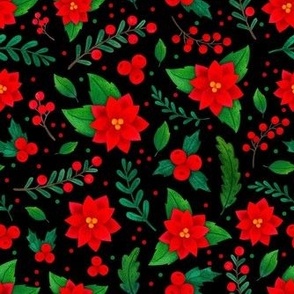 Medium Scale Christmas Red and Green Poinsettia Flowers Holly Berries Mistletoe Floral on Black