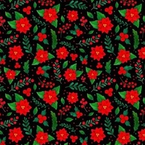 Small Scale Christmas Red and Green Poinsettia Flowers Holly Berries Mistletoe Floral on Black