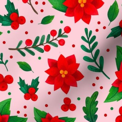 Large Scale Christmas Red and Green Poinsettia Flowers Holly Berries Mistletoe Floral on Pink