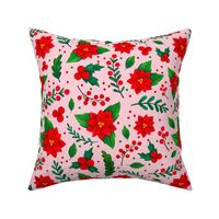 Large Scale Christmas Red and Green Poinsettia Flowers Holly Berries Mistletoe Floral on Pink