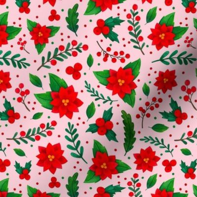 Medium Scale Christmas Red and Green Poinsettia Flowers Holly Berries Mistletoe Floral on Pink