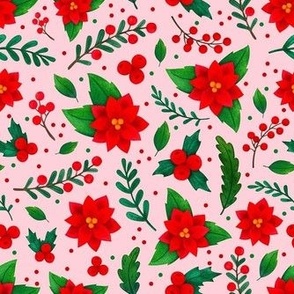 Medium Scale Christmas Red and Green Poinsettia Flowers Holly Berries Mistletoe Floral on Pink
