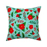 Large Scale Christmas Red and Green Poinsettia Flowers Holly Berries Mistletoe Floral on Aqua