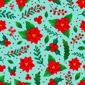 Large Scale Christmas Red and Green Poinsettia Flowers Holly Berries Mistletoe Floral on Aqua