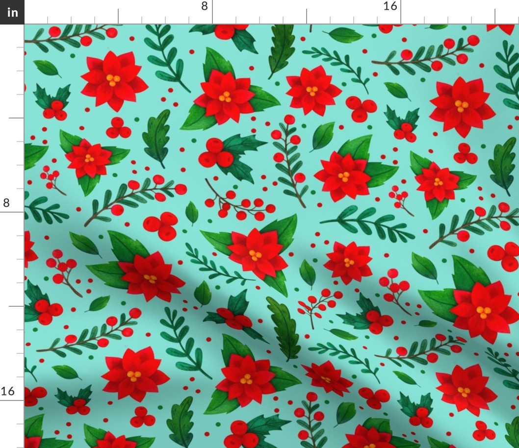 Large Scale Christmas Red and Green Poinsettia Flowers Holly Berries Mistletoe Floral on Aqua