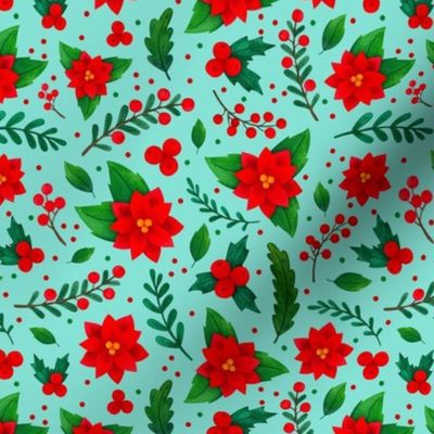 Medium Scale Christmas Red and Green Poinsettia Flowers Holly Berries Mistletoe Floral on Aqua