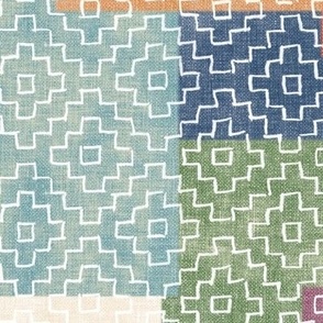 Sashiko Linen Patches (large scale) | Japanese stitch pattern, cross pattern on colorful patchwork quilt, coloured linen texture, crosses, vintage boro cloth, visible mending, crosses kantha quilt in bright colors.