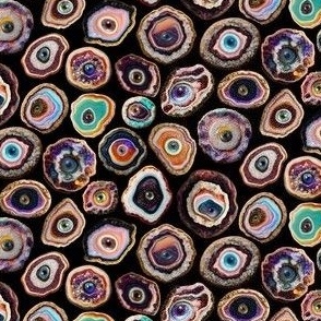 Agate Slices with Eyeballs - Ditsy Scale - Black Background - Evil Eye, Realistic, Weird, Mystical, Gothic, Witchy