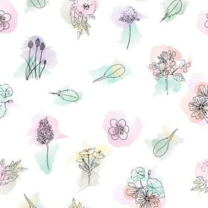 Whimsical floral prints: Charming patterns for a romantic decor. Flowers on watercolour spots in shades of pink, blush, yellow, mint and violet.