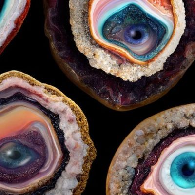 Agate Slices with Eyeballs - Large Scale - Black Background - Evil Eye, Realistic, Weird, Mystical, Gothic, Witchy