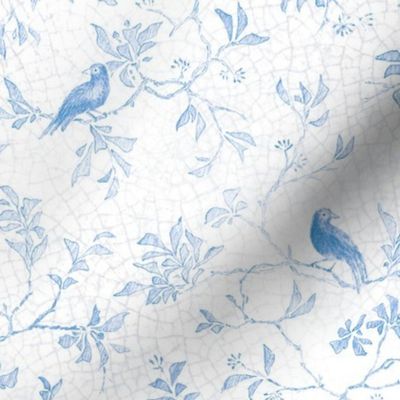 China Blue Birds | Hand drawn Chinoiserie, Victorian blue and white tableware, antique glaze, bird drawing, crackle glaze, trees with birds, leaves, almond tree blossom, apricot, peach, cherry blossom.