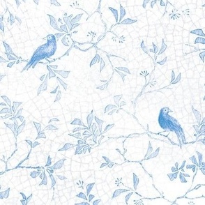 China Blue Birds | Hand drawn Chinoiserie, Victorian blue and white tableware, antique glaze, bird drawing, crackle glaze, trees with birds, leaves, almond tree blossom, apricot, peach, cherry blossom.