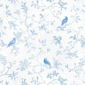China Blue Birds (small scale) | Hand drawn Chinoiserie, Victorian blue and white tableware, antique glaze, bird drawing, crackle glaze, trees with birds, leaves, almond tree blossom, apricot, peach, cherry blossom.