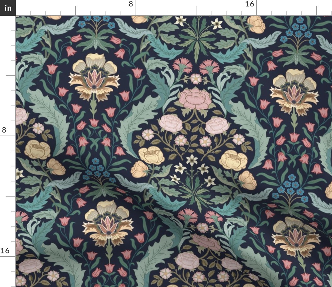 Victorian era floral with roses, carnations, forget-me-nots on deep navy blue - arts and crafts style - medium (12inch W)