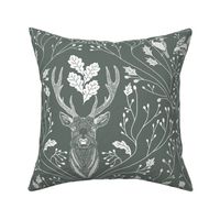 Damask with deer, birds and leaves off white on succulent green - medium scale