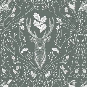 Damask with deer, birds and leaves off white on succulent green - medium scale