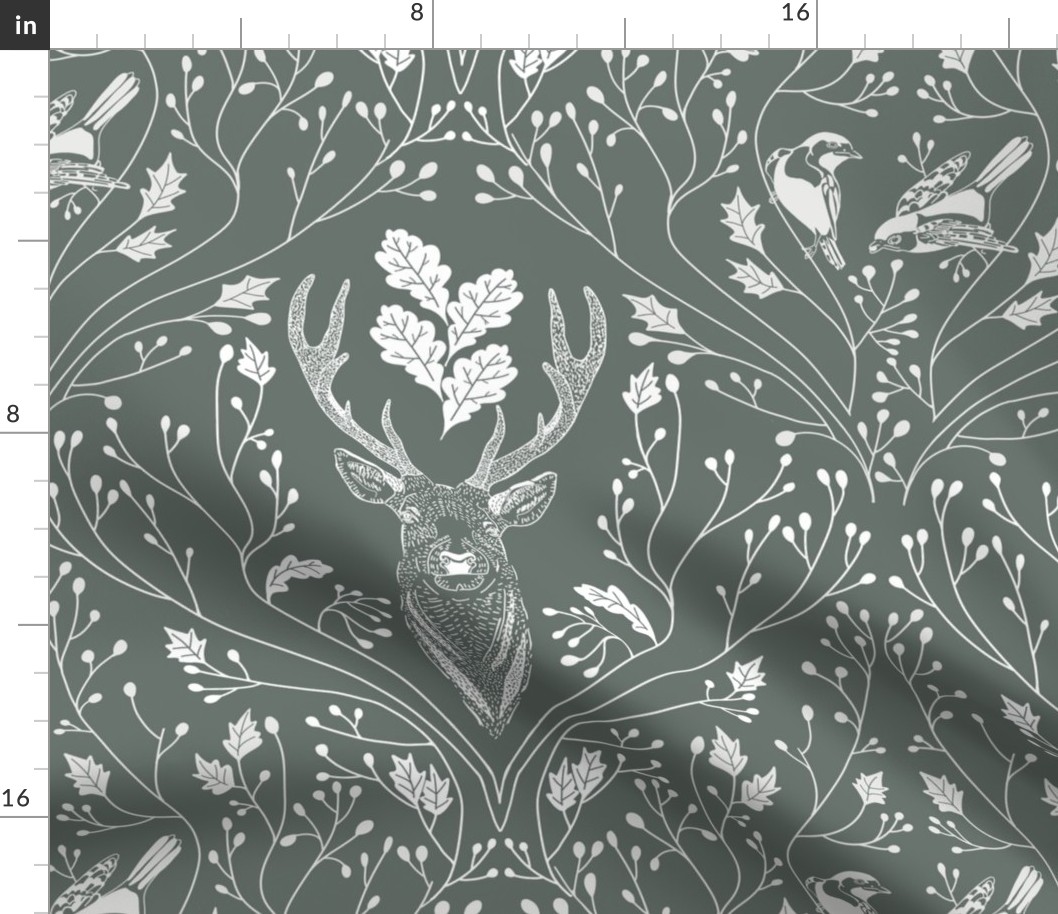 Damask with deer, birds and leaves off white on succulent green - medium scale