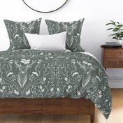 Damask with deer, birds and leaves off white on succulent green - large scale