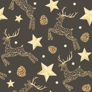 Decorative golden yellow deers and stars, forest cones on dark brown.  Christmas watercolor pattern