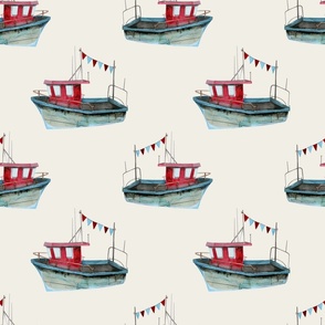 Vintage Fishing Boat Fabric, Wallpaper and Home Decor