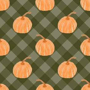 Watercolor Pumpkins On Plaid - Green