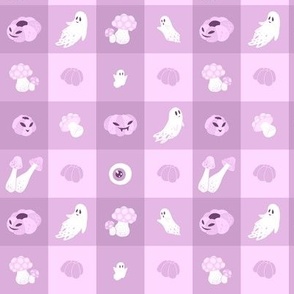 (small) Cute light purple checkered pattern for Halloween with ghosts, pumpkins, mushrooms... and an eye