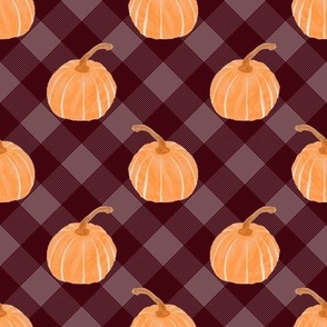 Watercolor Pumpkins On Plaid - Burgundy