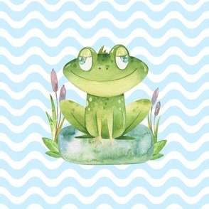 8x8 Swatch Friendly Frog on Blue Wavy Stripes for Embroidery Hoop Quilt Square or Potholder