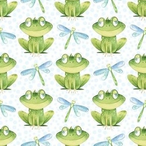 Medium Scale Friendly Frogs and Dragonflies on White