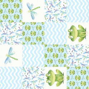 Rotated Bigger Scale Patchwork 6" Squares Friendly Frogs Dragonflies Blue Cheater Quilt or Blanket