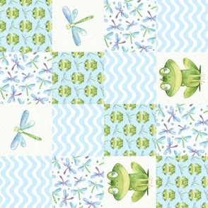 Rotated Smaller Scale Patchwork 3" Squares Friendly Frogs Dragonflies Blue Cheater Quilt or Blanket