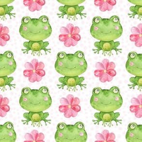 Large Scale Green Frogs and Pink Flowers on White