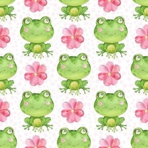 Medium Scale Green Frogs and Pink Flowers on White