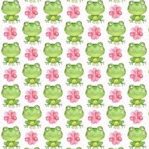 Small Scale Green Frogs and Pink Flowers on White