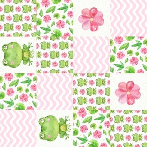 Rotated Bigger Scale Patchwork 6" Squares Green Frogs and Pink Flowers for Cheater Quilt or Blanket