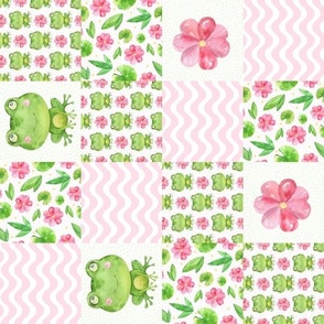 Rotated Bigger Scale Patchwork 3" Squares Green Frogs and Pink Flowers for Cheater Quilt or Blanket