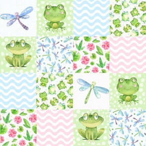 Bigger Scale Patchwork 6" Squares Friendly Frog Pink and Blue for Cheater Quilt or Blanket