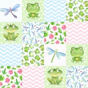 Smaller Scale Patchwork 3" Squares Friendly Frog Pink and Blue for Cheater Quilt or Blanket