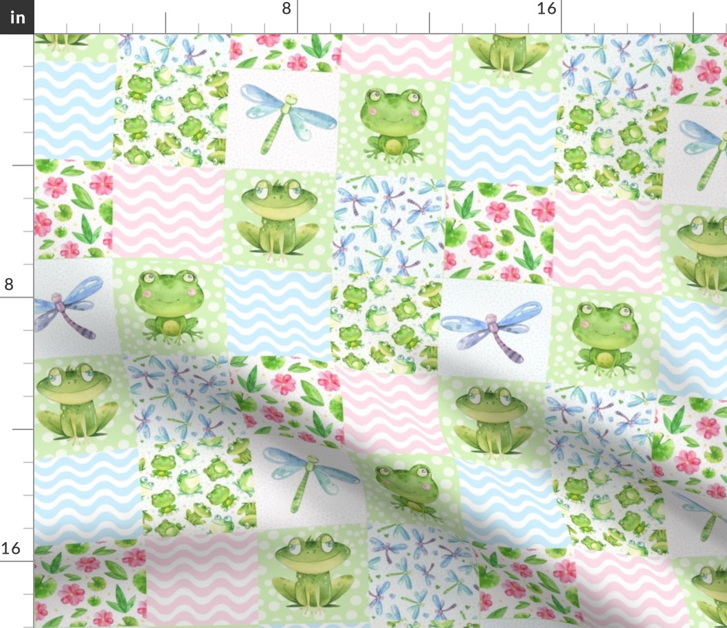 Smaller Scale Patchwork 3" Squares Friendly Frog Pink and Blue for Cheater Quilt or Blanket
